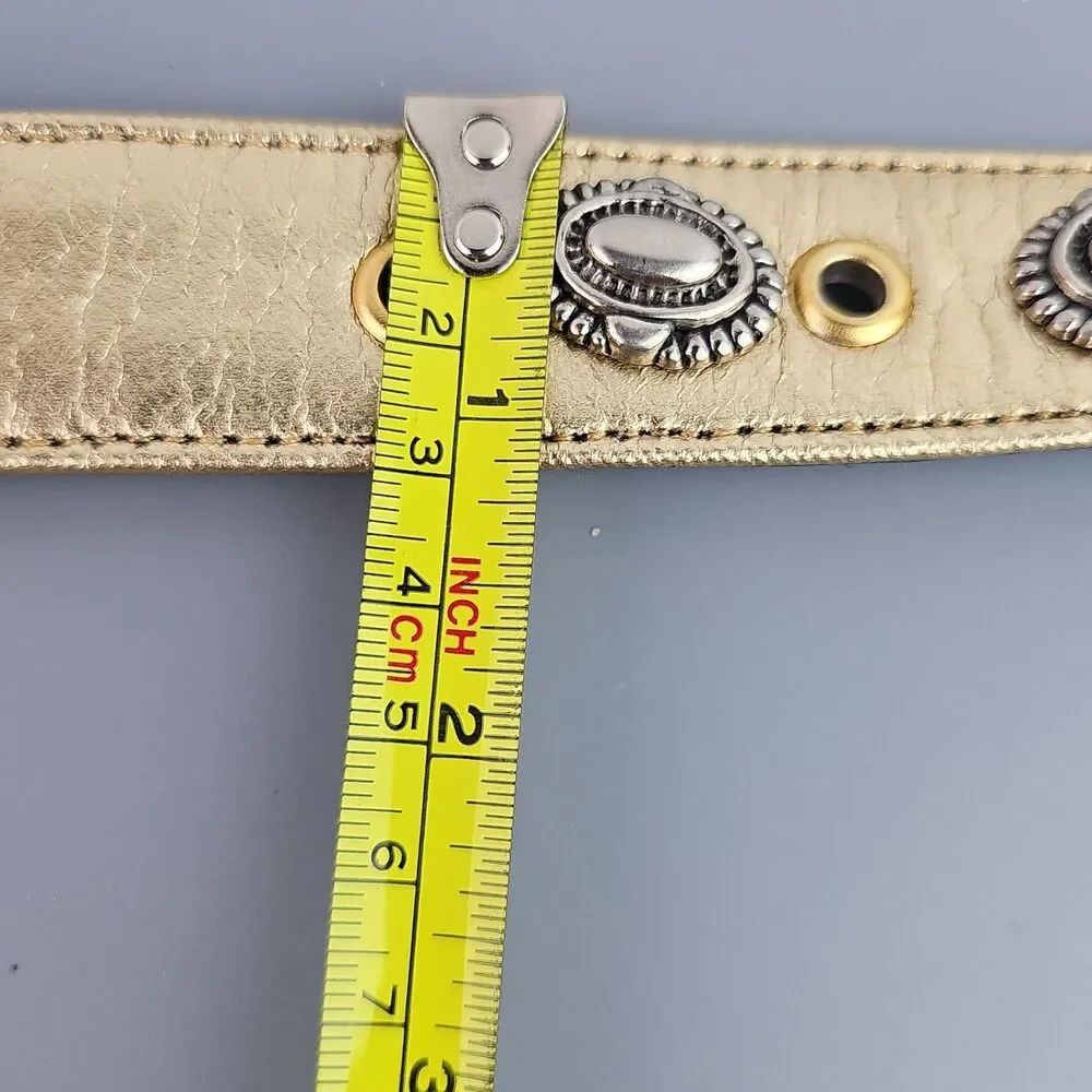Vintage Western Gold Metallic Concho Belt Large L Made Taiwan Silver Tone Buckle